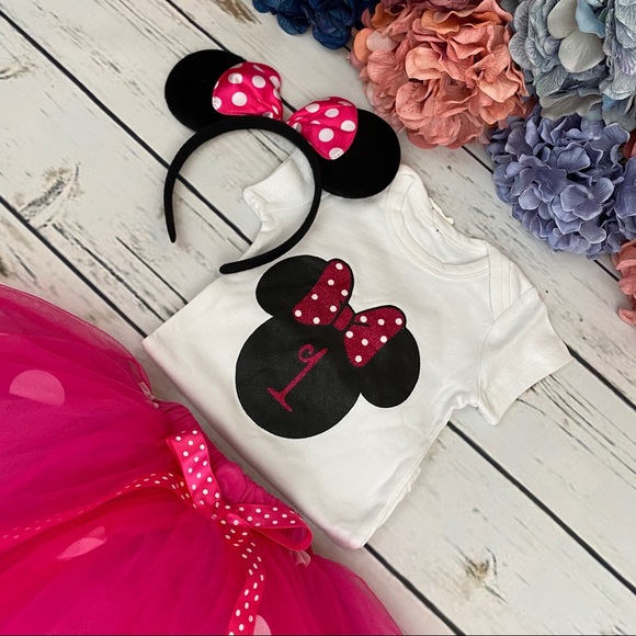 1st Birthday Outfit Matching Onesie Pink Tulle Skirt and Headband - Picture 5 of 16